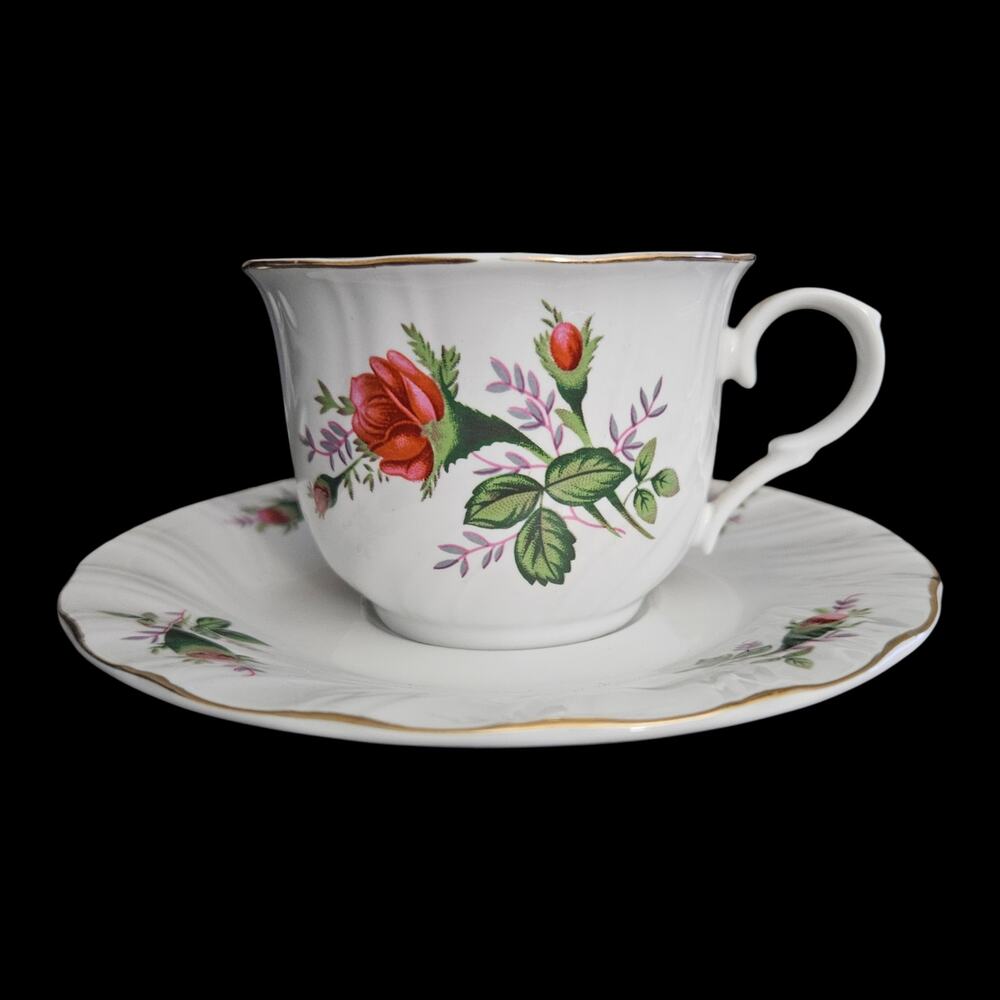Vintage Chinese Porcelain Rose Floral Teacup Saucer Gold Trim Scalloped